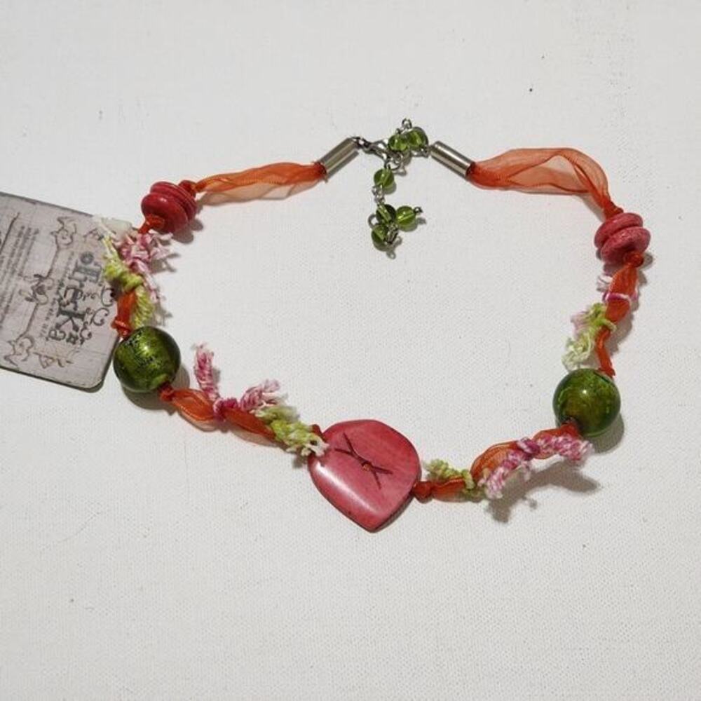 Treska Handmade Mixed Media Ribbon Bead Necklace Orange Green Pink Boho USA NWT